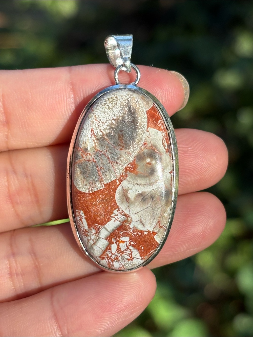 Sterling Silver Red and Cream Jasper Oval Pendant